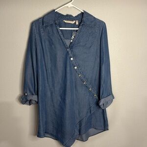 Soft Surroundings Women's Chambray Tencel Asymmetrical Wrap Tunic Top Small